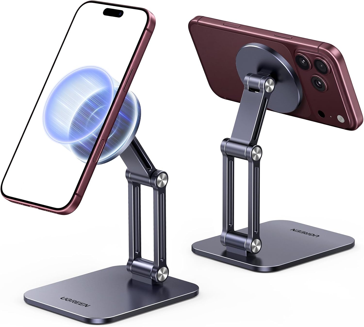 マグネット式スマホスタンドにスマホを取り付けた様子
